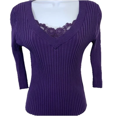 Top ajustado August Silk Y2K tejido acanalado encaje mediano púrpura manga 3/4 hada Foto 1 de 4