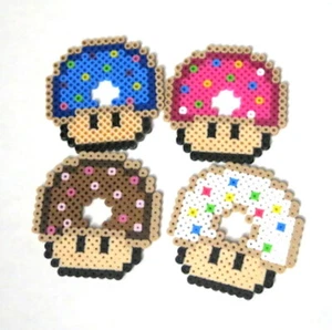 Perler Beads Set Of 4 Nintendo Mushroom Donut Head Ornaments - Picture 1 of 5