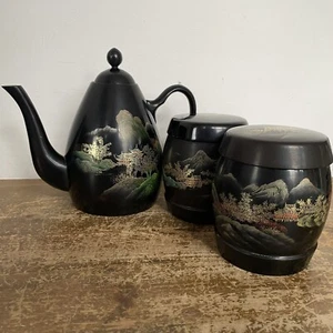 Tarro de tetera vintage bote China Japón laca dorada negra pintura Maki - Imagen 1 de 24