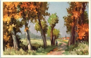 TREE LINED COUNTRY ROAD Pintura artista firmada - Postal - Imagen 1 de 2