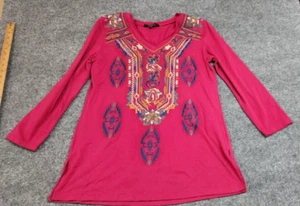 Calessa Top Womens Size Med Red Floral Tunic Long Sleeve Casual Blouse Stretch - Picture 1 of 12