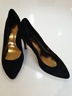 Sachi Black Suede Leather Heels Size 7.5, Cone Heel 8Cm, Almond Toe, Gold Lining
