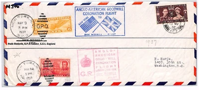 GB Air Mail FDC KGVI CORONATION FLIGHT USA New York London 1937 MJ46 - Image 1 of 4