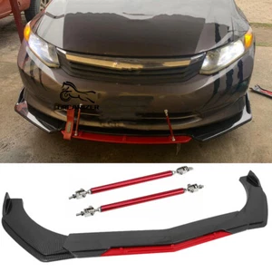 Carbon Red Front Bumper Splitter Spoiler Lip + Strut Rods For Honda Civic Accord - Picture 1 of 13