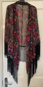 Vintage Dipped Hem Silky Sheer Shawl wrap sleeved Cardigan Black Tassels Cruise - Picture 1 of 11