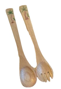 PALM TREE Wooden Salad Serving Fork And Spoon Hand Painted NEW - Picture 1 of 5