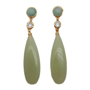 2" Crystal Jade Teardrop Green Jade Amazonite Drop Earrings - Picture 1 of 7