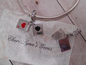 PLAYING CARDS ACE OF HEARTS & ACE OF SPADES S925 STERLING SILVER BRACELET CHARM! - Picture 1 of 3