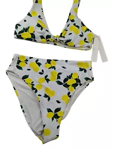 Aqua Swim Women M Lemon Print Front Knot Swim Top And High Waist Bottom Set NWT - Picture 1 of 8