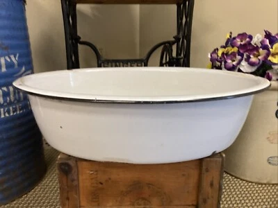 Large Enamel Ware Tub Basin Oval Wash Bowl 25” White Black Baby Bath Farmhouse - Image 1 of 4