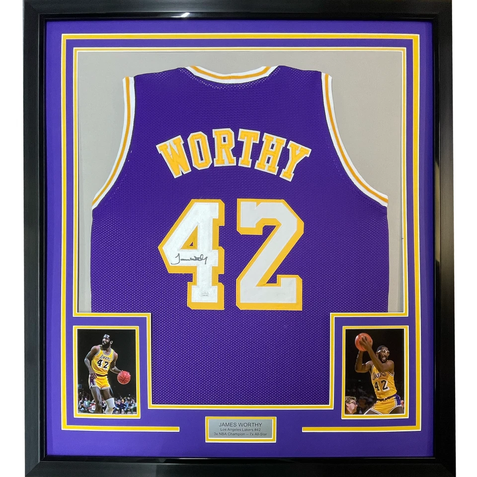 Framed Autographed/Signed James Worthy 33x42 LA Purple Jersey JSA COA - Image 1 of 2
