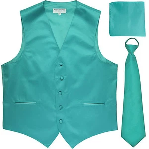 New Men's aqua blue formal vest Tuxedo Waistcoat pre-tied neck tie and hankie  - Picture 1 of 3