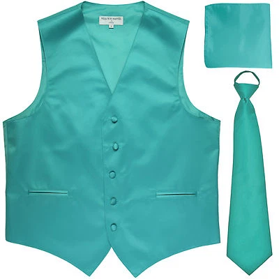 New Men's aqua blue formal vest Tuxedo Waistcoat pre-tied neck tie and hankie  - Image 1 of 3