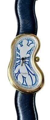 CARDINI Salvador Dali Style Melting Blue Leather Watch Gold Tone Squiggle Art - image 1 of 4