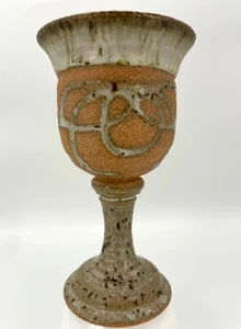 Hand Made Brown Speckled Stoneware Wine Goblet Mead Cup Swirl Design Art Pottery - Picture 1 of 13