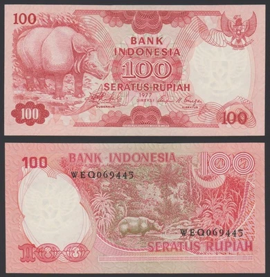 Indonesia 100 rupiah 1977 Rhino Rhinoceros Animals P116 Prefix WEQ UNC - Image 1 of 4