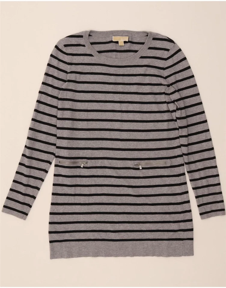 Suéter Jersey MICHAEL KORS Mujer Cuello Barco Reino Unido 14 Grande Gris Rayas DP54 Foto 1 de 4