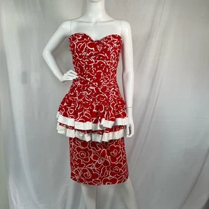Vintage 80er Robbie Bee ärmelloses Kleid mit Schößchen rot-weiß Blumen - Bild 1 von 13