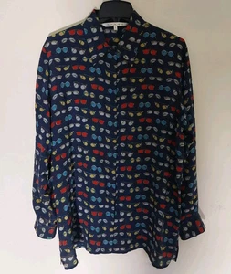 Vtg Womens 100% Silk Allover Sunglasses Eyeglass Button Down Blouse Shirt Sz L  - Picture 1 of 8