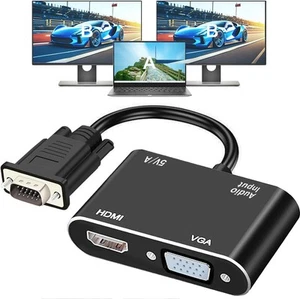 VGA to HDMI+VGA Adapter for Dual Monitors, HDMI Splitter Black - Picture 1 of 9