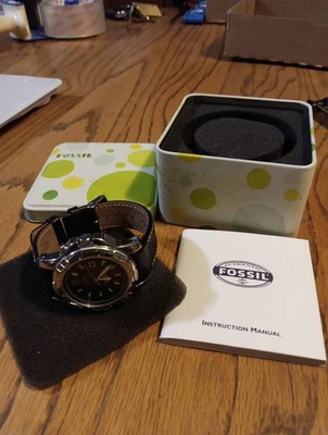 Fossil Watch Men PR-5164 44mm Silver Tone Date Black Leather Band New Battery - Image 1 of 4