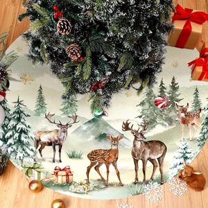 Christmas Tree Skirt 48 Inches Winter Watercolor Deer Trees Skirt Golden Snowfla - Picture 1 of 12