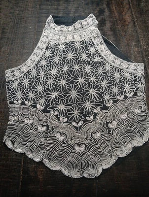 Top halter de noche Papell Boutique con cuentas 100 % seda talla XL con cuentas negro blanco Foto 1 de 4