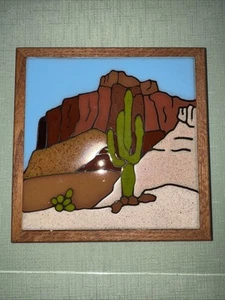 Vintage Fiesta Ceramic Tile Wall Art Cactus Desert Handcrafted Wood Frame 7x7 - Picture 1 of 3