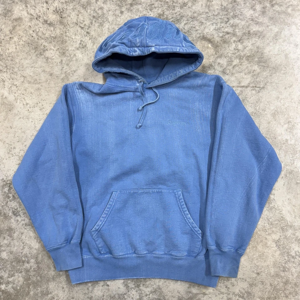Supreme Hoodie Mens Small Blue Gothic Script Logo Pullover Sweatshirt Faded - Image 1 of 4