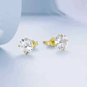 9ct Yellow Gold on Silver 6mm Cubic Zirconia Solitaire Round Stud Earrings - Picture 1 of 5