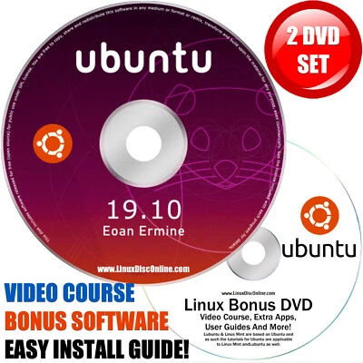 Ubuntu 19.10 Eoan Ermine 64-bit Linux Live Install DVD For PC Mac + BONUS DVD - Image 1 of 4