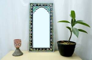 Black Arched Wooden Mandir Wall Mirror with beautiful floral Work (Handmade)