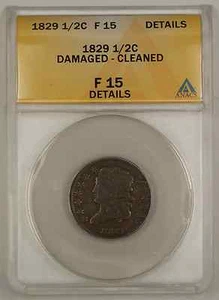 1829 Classic Head Half Cent Coin ANACS Damaged Cleaned F-15 Details - Picture 1 of 2