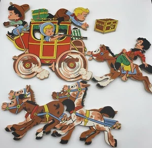 Vintage 1950s Dolly Toy Company Pin Up 4 Wall Cowboy Western Wagon Horses - Picture 1 of 12