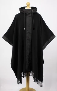 MONCLER FRINGE TRIMMED WOOL CAPE WOMENS HOODED BLACK ONE SIZE RRP £960 AD - Picture 1 of 6