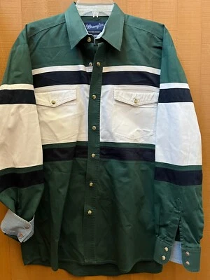 Men size medium Vintage Wrangler Western Shirt stripe Snap green white Dress - Image 1 of 4