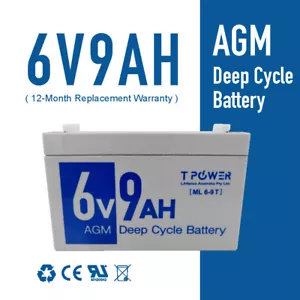 Tpower 6V 9AH AGM Lead Acid Battery Same Size as 6V 7Ah f UPS APC Alarm Toy Car - Picture 1 of 5