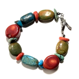 Sterling Silver 925 Coral Chip Chunky Turquoise Beaded Toggle Bracelet 8" 36.6g - Picture 1 of 7