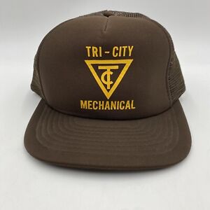 Vintage Snapback Tri-City Mechanical Hat Mesh Trucker Cap Brown Yellow Logo