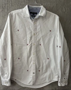 Camisa Tommy Hilfiger Para Hombre Pequeña Blanca Ajuste Personalizado Bordada TH Logo Abotonada - Imagen 1 de 14