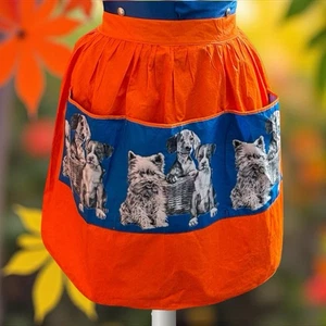Retro Vintage Halbschürze Pinny 60er Jahre orange blau Hundemotiv 3 Taschen - Bild 1 von 7