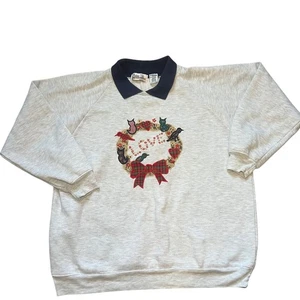 VTG 90s Embroidered Cat Christmas Sweater Love Wreath Collared Womens L Cottage - Picture 1 of 7