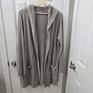 Barefoot Dreams CozyChic Lite Knit Cardigan Sweater Sz L Taupe Patch Pocket Hood - Picture 1 of 10