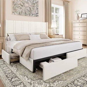 King Size Bed Frame with 4 Storage Drawers Linen Upholstered Platform Bed wit... - Picture 1 of 9