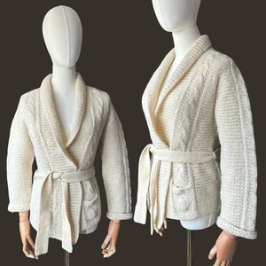 1970's Vintage Wool Hand Knitted Aran & Cable Belted Cardigan - Picture 1 of 9
