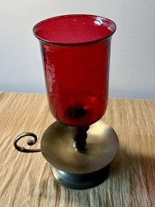 Vintage Ruby Red Glass Hurricane Candle Lamp with Brass Chamberstick Base MCM - Picture 1 of 7