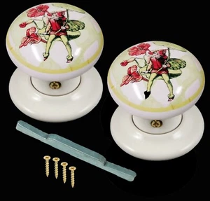 1 Pair White Porcelain Mortice Door Knob Set Red Fairy Design - Picture 1 of 1