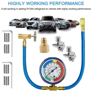 R134A Charging Hose with Measuring Pressure Gauge, AC Refrigerant Recharge Kit - Picture 1 of 12