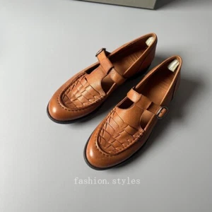 Mocasines de tacón bajo de cuero real británicos Mary Jane con hebilla trenzada hechos a mano para mujer - Imagen 1 de 23