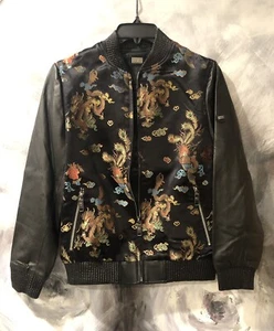 AUSTRALIA LUXE CO Black Brocade Leather Varsity Jacket Mix Media Bomber Coat * M - Picture 1 of 12